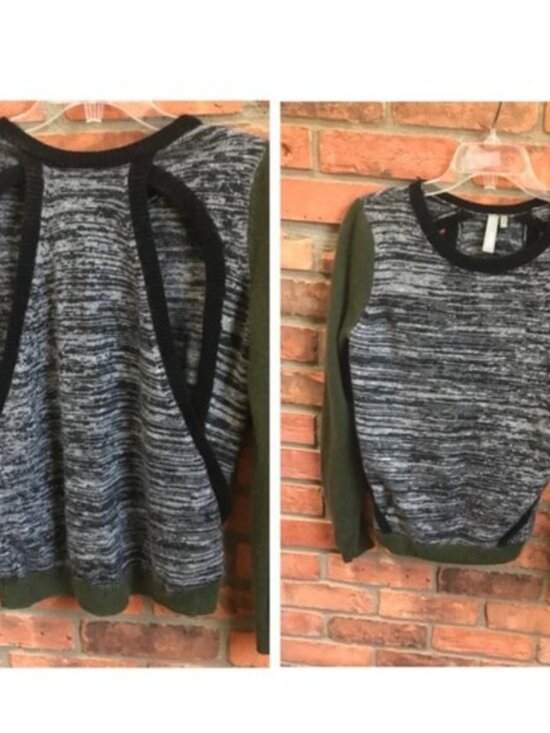 Anthropology SI-IAE Cashmere Sweater Top CutOut Soft ColorBlock Gray Black Green - Picture 4 of 16